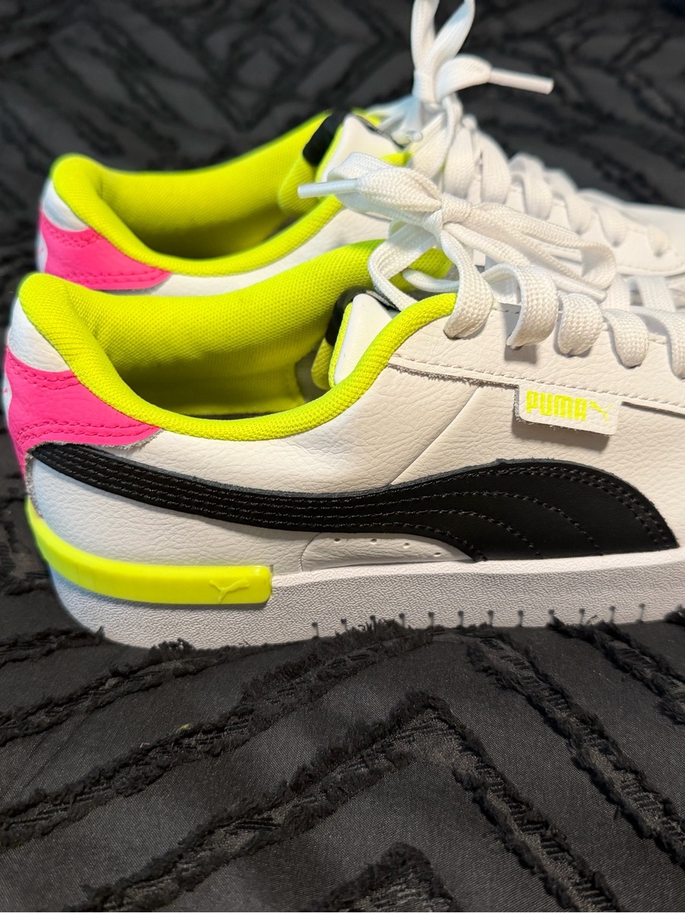 Puma Women's White Sneakers with Black Stripe and Neon Yellow & Pink Accents